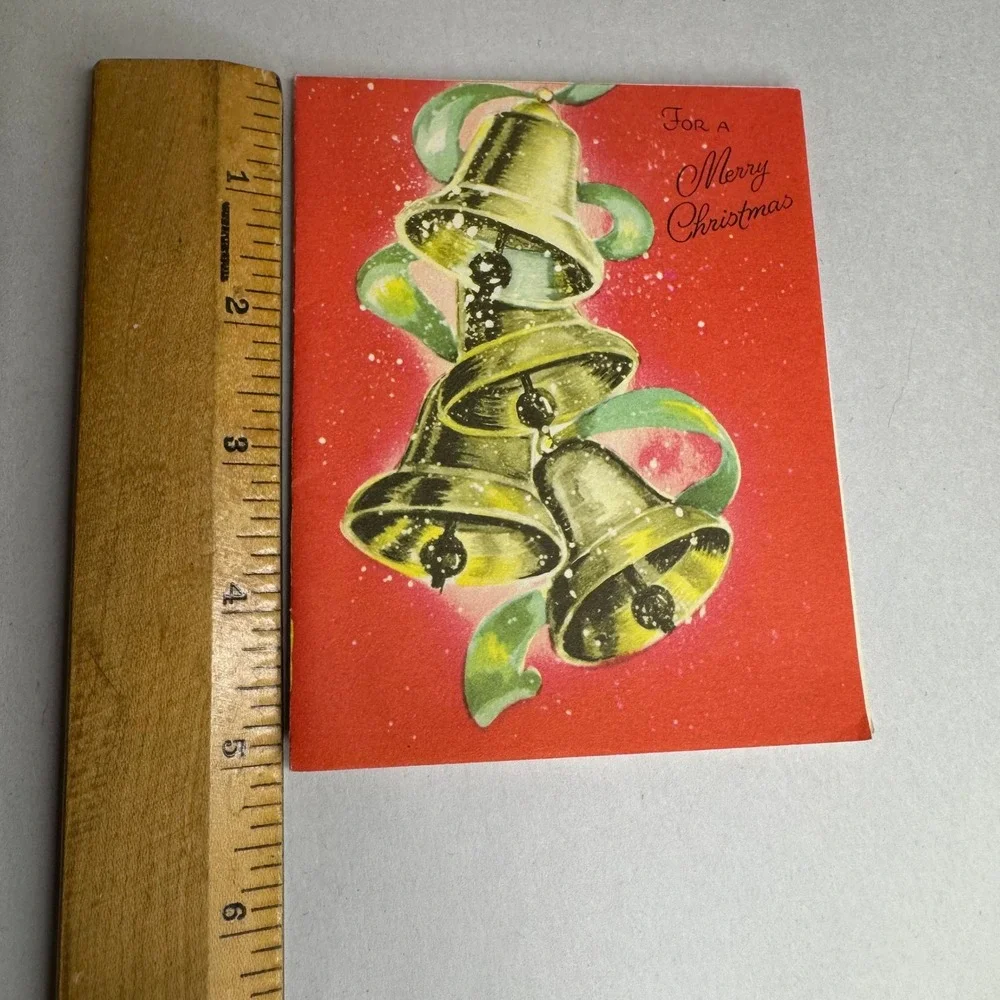 Vintage Diamond Line‎ Christmas Card Gold Bells Red Mid Century Modern MCM